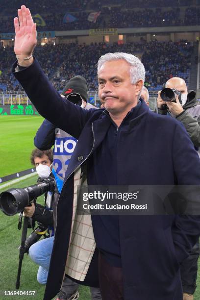 Roma coach Josè Mourinho before the Coppa Italia match between FC Internazionale and AS Roma at Stadio Giuseppe Meazza on February 08, 2022 in Milan,...