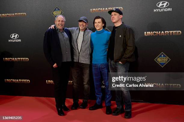 Producer Charles Roven, producer Alex Gartner, actor Tom Holland and director Ruben Fleischer attend 'Uncharted' premiere at the Tres60 studios on...