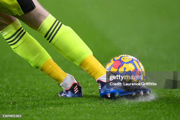 David De Gea of Manchester United kicks the Winter Nike Flight football during to the Premier League match between Burnley and Manchester United at...
