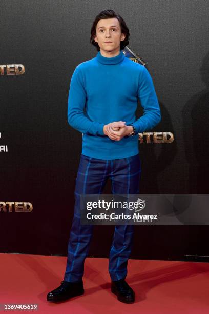 Actor Tom Holland attends 'Uncharted' premiere at the Tres60 studios on February 08, 2022 in Madrid, Spain.
