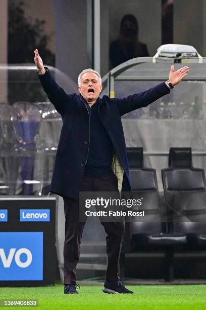 Roma coach Josè Mourinho during the Coppa Italia match between FC Internazionale and AS Roma at Stadio Giuseppe Meazza on February 08, 2022 in Milan,...