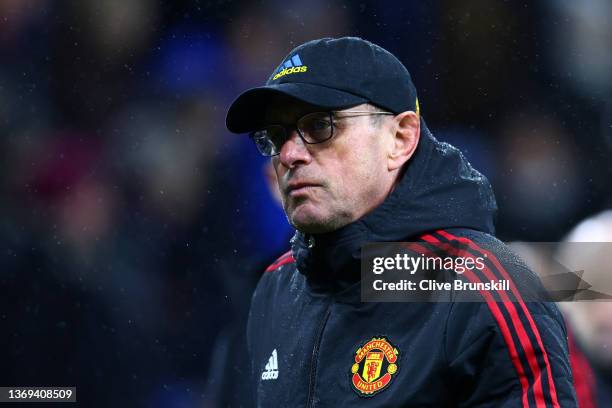 Ralf Rangnick, Interim Manager of Manchester United looks on as he leaves the pitch for the half-time break during the Premier League match between...