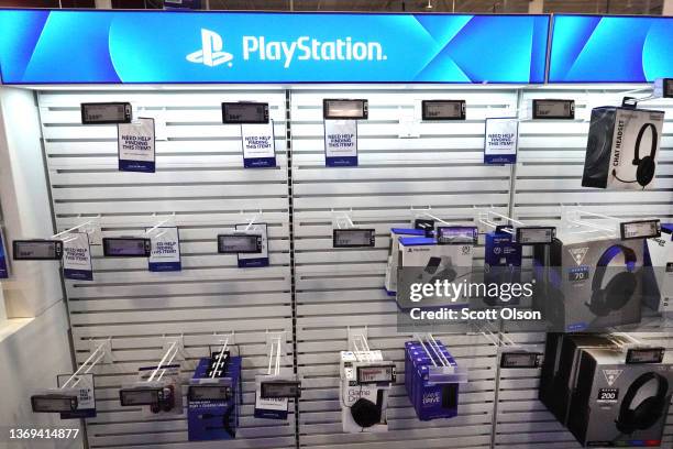 Mostly sold-out display of PlayStation accessories is shown at an electronics store on February 08, 2022 in Chicago, Illinois. The full-year trade...