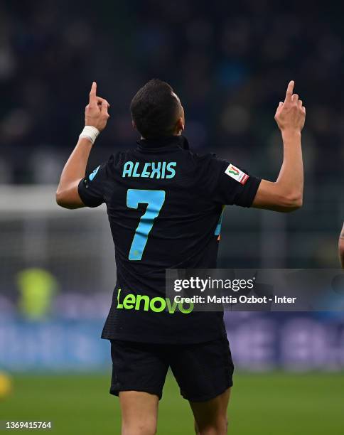 Alexis Sanchez of FC Internazionale celebrates after scoring the second goal during the Coppa Italia match between FC Internazionale and AS Roma at...