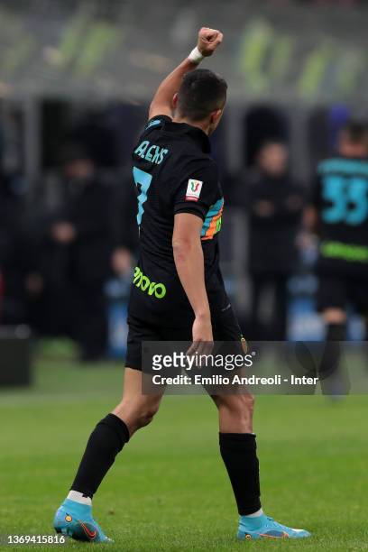 Alexis Sanchez of FC internazionale celebrates after scoring their team's second goal during the Coppa Italia match between FC Internazionale and AS...