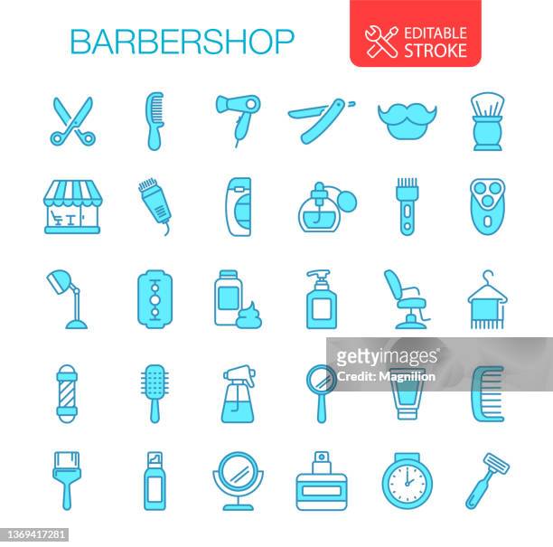 barbershop icons set editable stroke - hair type stock illustrations