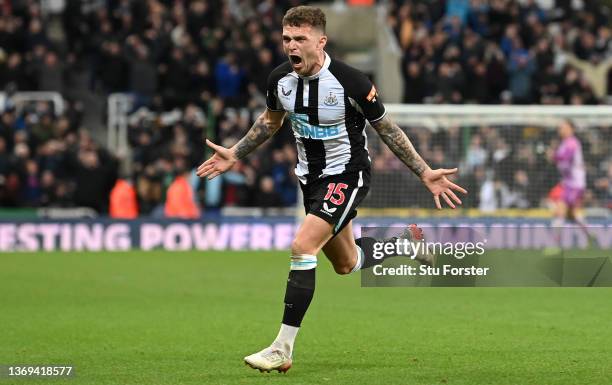 Newcastle player Kieran Trippier celebrates after scoring the third goal from a free kick during the Premier League match between Newcastle United...