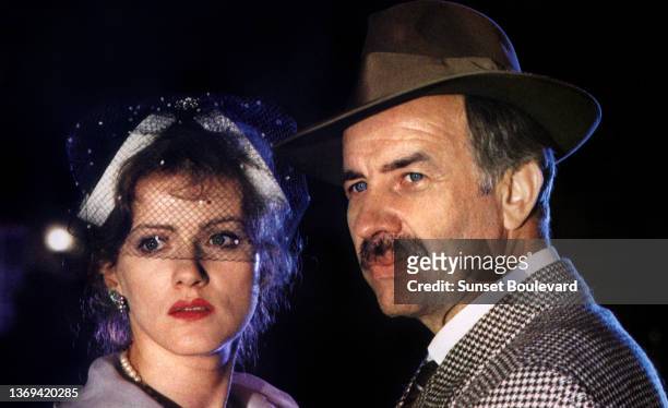 German actress Barbara Sukowa and German actor Armin Mueller-Stahl on the set of the film “Lola, une femme allemande” directed by Rainer Werner...