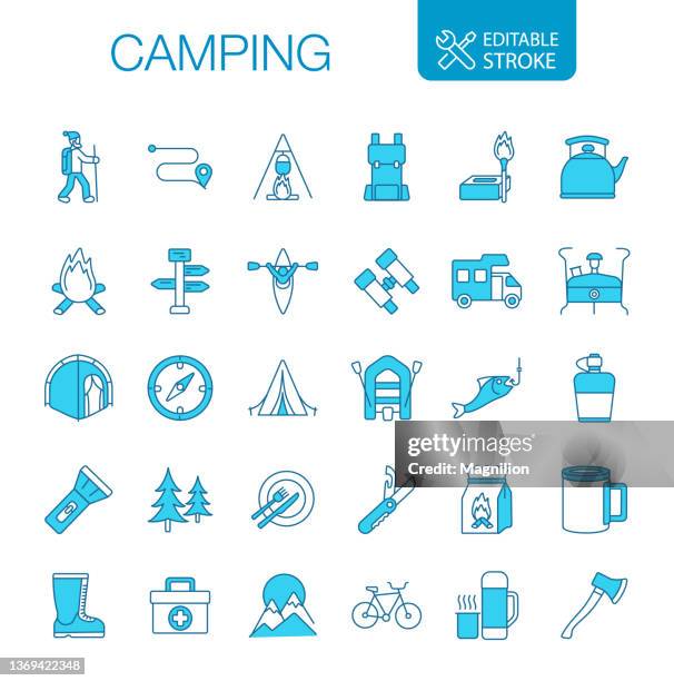 camping icons set editable stroke - treasure hunt stock illustrations