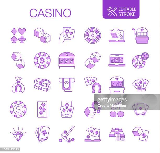 ilustraciones, imágenes clip art, dibujos animados e iconos de stock de iconos de casino establecer trazo editable - slot machine