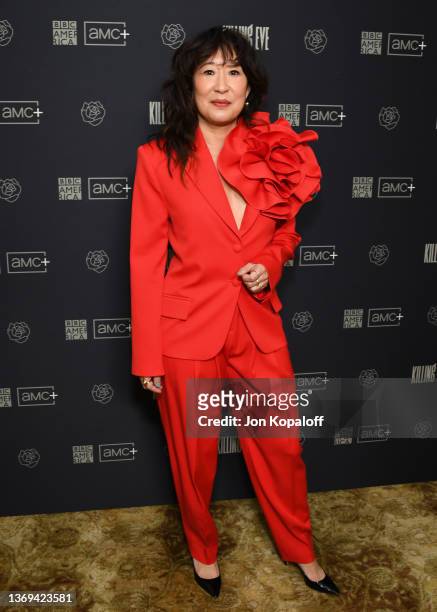 Sandra Oh attends the Photo Call For BBC America's "Killing Eve" Season Four on February 08, 2022 in Beverly Hills, California.
