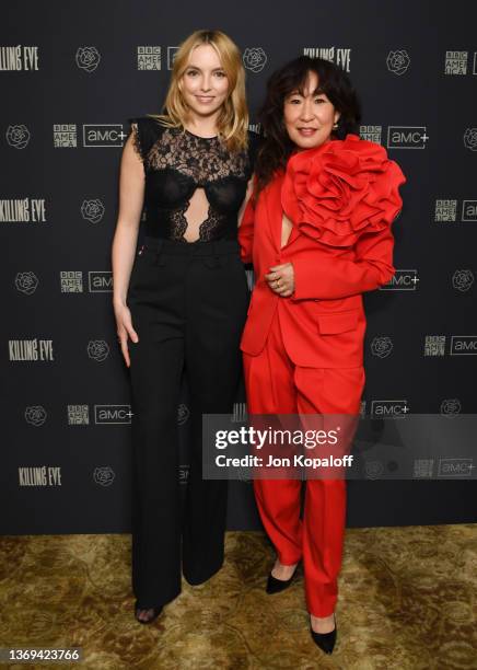 Jodie Comer and Sandra Oh attend the Photo Call For BBC America's "Killing Eve" Season Four on February 08, 2022 in Beverly Hills, California.