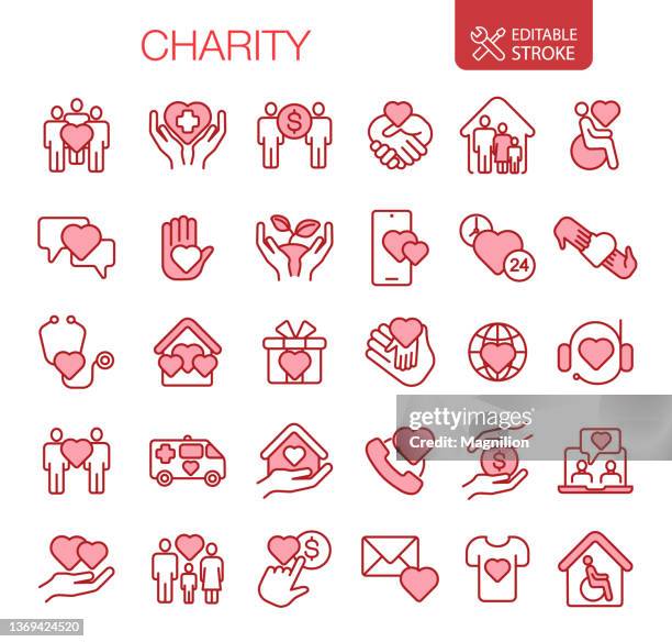 ilustraciones, imágenes clip art, dibujos animados e iconos de stock de iconos de caridad establecido trazo editable - ayuda humanitaria