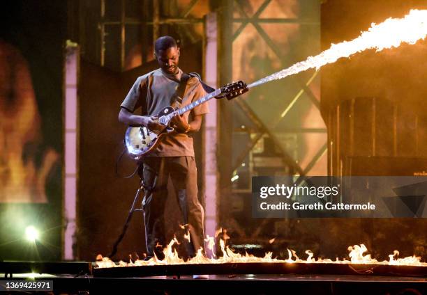 Dave performs during The BRIT Awards 2022 at The O2 Arena on February 08, 2022 in London, England.