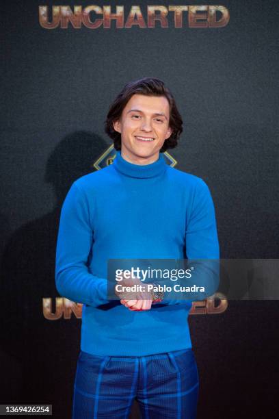 British actor Tom Holland attends 'Uncharted' premiere at the Tres60 studios on February 08, 2022 in Madrid, Spain.