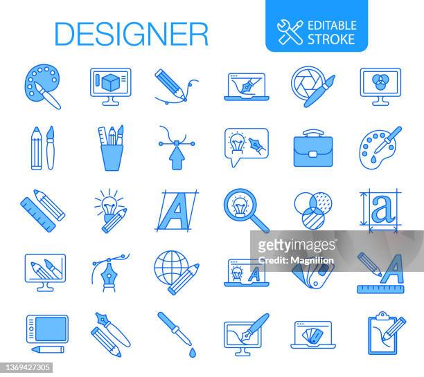 ilustraciones, imágenes clip art, dibujos animados e iconos de stock de iconos del diseñador establecer trazo editable - design professional