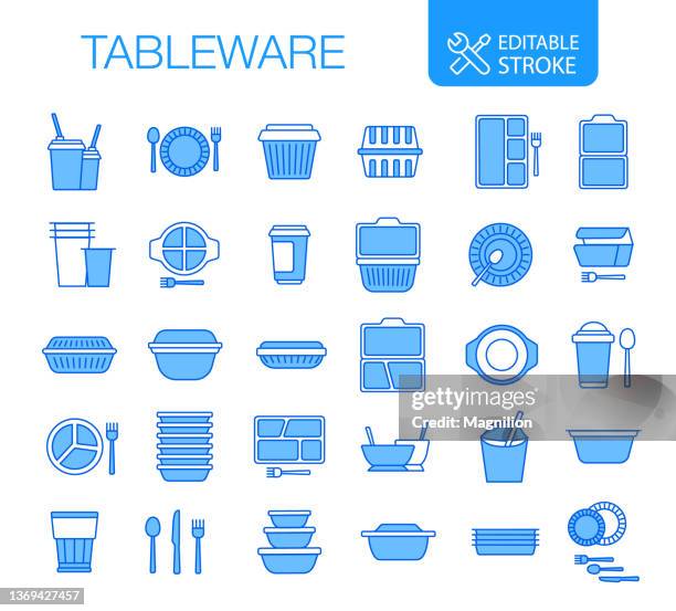 disposable tableware icons set editable stroke - single use 幅插畫檔、美工圖案、卡通及圖標