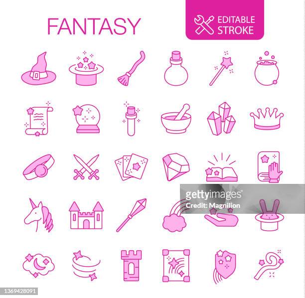 fantasy world icons set editable stroke - princess icon stock illustrations