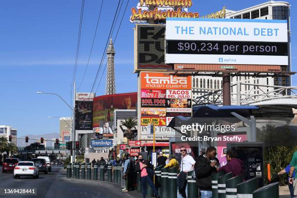 Peterson Foundation billboard displaying the national debt and each American's share is pictured on February 08, 2022 in Las Vegas, Nevada.