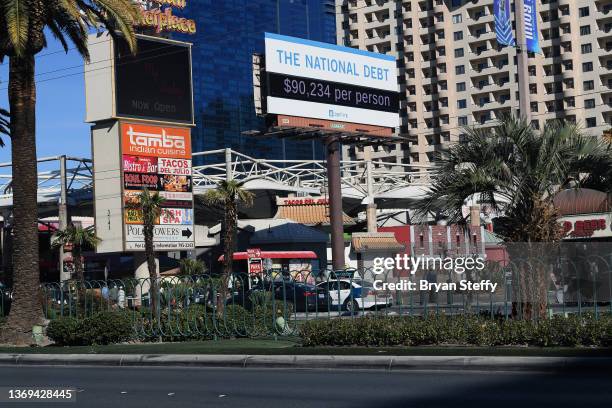 Peterson Foundation billboard displaying the national debt and each American's share is pictured on February 08, 2022 in Las Vegas, Nevada. S of...