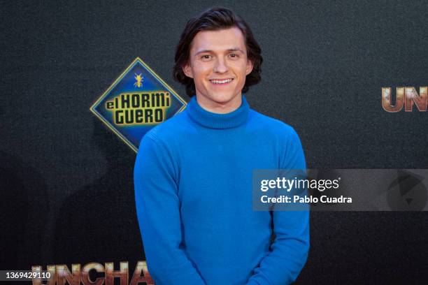 British actor Tom Holland attends 'Uncharted' premiere at the Tres60 studios on February 08, 2022 in Madrid, Spain.