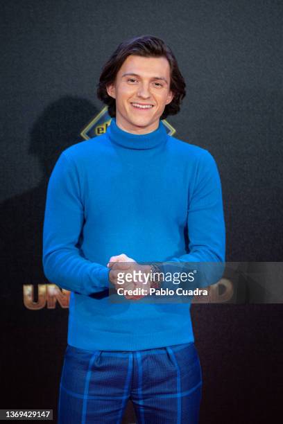British actor Tom Holland attends 'Uncharted' premiere at the Tres60 studios on February 08, 2022 in Madrid, Spain.
