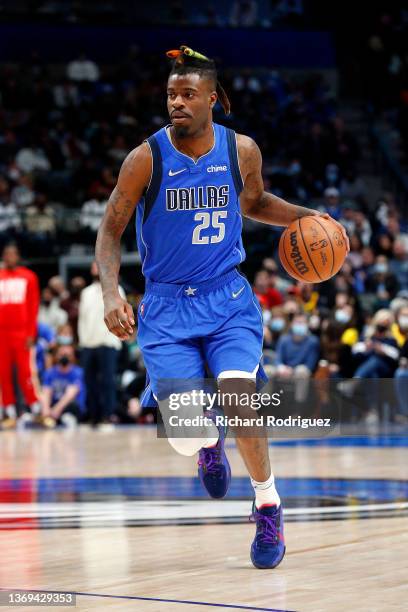 Reggie Bullock of the Dallas Mavericks is seen on the court against the Atlanta Hawks at American Airlines Center on February 06, 2022 in Dallas,...