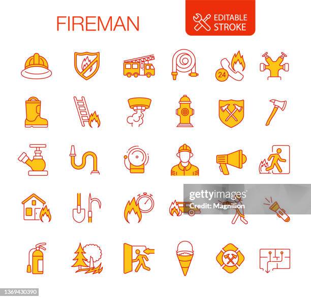 feuerwehrmann feuerwehr symbole setzen bearbeitbaren schlag - fire engine stock-grafiken, -clipart, -cartoons und -symbole