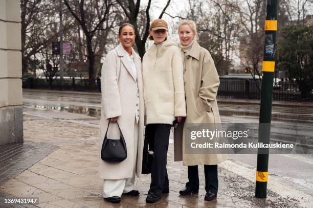 Guests outside hotel Nobis in Stockholm fashion week Autumn/Winter 2022 on February 08, 2022 in Stockholm, Sweden.