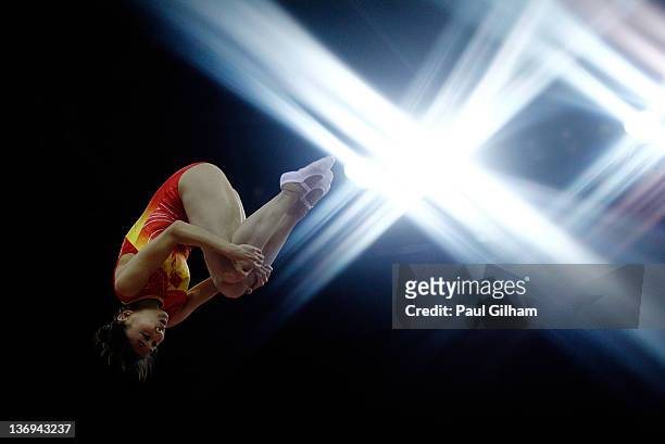 He Wenna of China in action during the Gymnastics Trampoline Olympic Qualification round at North Greenwich Arena on January 13, 2012 in London,...