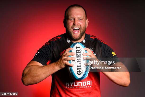 Joe Moody poses during the Crusaders Super Rugby 2022 headshots session at Rugby Park on February 03, 2022 in Christchurch, New Zealand.