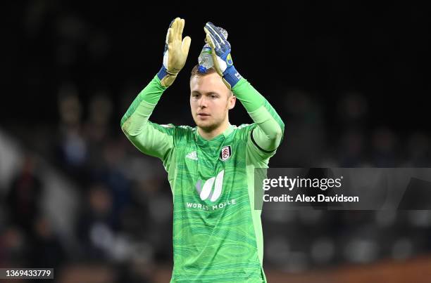 Marek Rodak of Fulham acknowledges the fans after the Sky Bet Championship match between Fulham and Millwall at Craven Cottage on February 08, 2022...