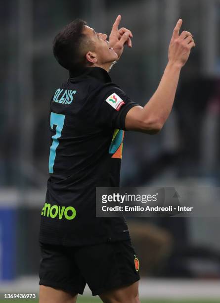 Alexis Sanchez of FC internazionale celebrates after scoring their team's second goalduring the Coppa Italia match between FC Internazionale and AS...