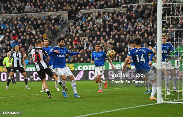 Newcastle player Ryan Fraser scores the second Newcastle goal during the Premier League match between Newcastle United and Everton at St. James Park...