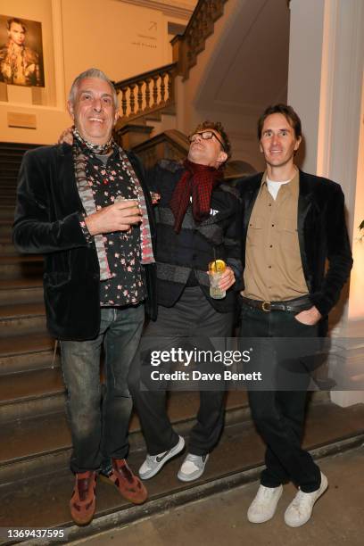 Guest, Jerry Stafford and Otis Ferry attend 'The Fendi Set' book launch event at the Royal Academy of Arts on February 08, 2022 in London, England.