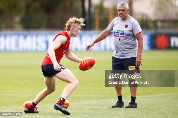 Demons assistant coach Mark Williams in action with Clayton Oliver of the Demons during a Melbourne Demons AFL training session at Casey Fields on...