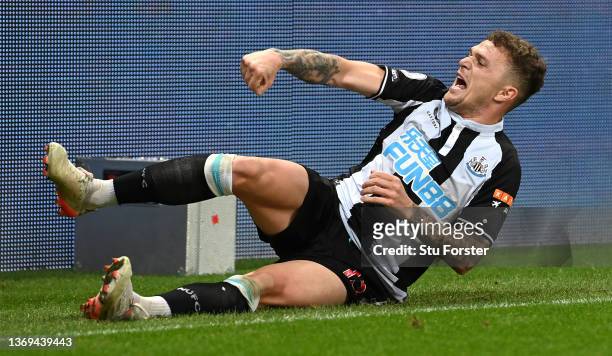 Newcastle player Kieran Trippier celebrates after scoring the third goal from a free kick during the Premier League match between Newcastle United...