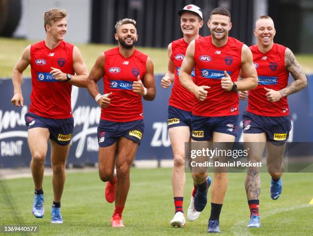 James Jordon, Christian Salem, Bayley Fritsch, Steven May and James Harmes of the Demons in action during a Melbourne Demons AFL training session at...