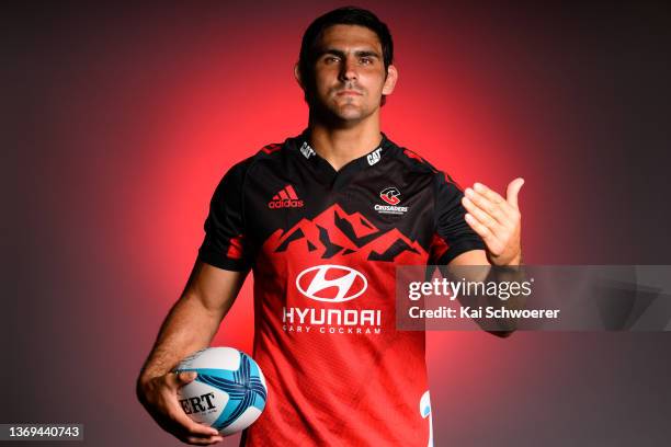 Pablo Matera poses during the Crusaders Super Rugby 2022 headshots session at Rugby Park on February 03, 2022 in Christchurch, New Zealand.