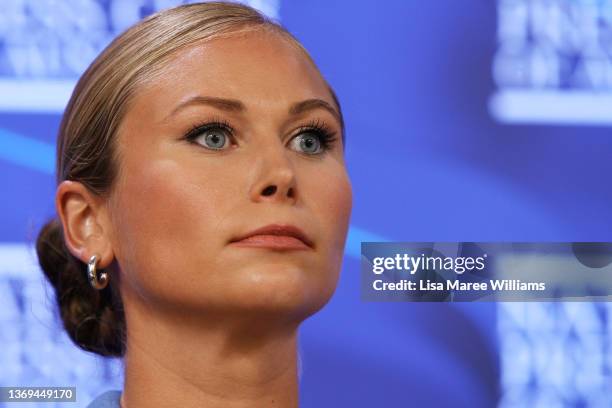 Grace Tame addresses the media at the National Press Club on February 09, 2022 in Canberra, Australia. 2021 Australian of the year, Grace Tame and...