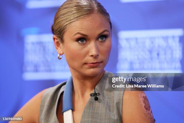 Grace Tame addresses the media at the National Press Club on February 09, 2022 in Canberra, Australia. 2021 Australian of the year, Grace Tame and...