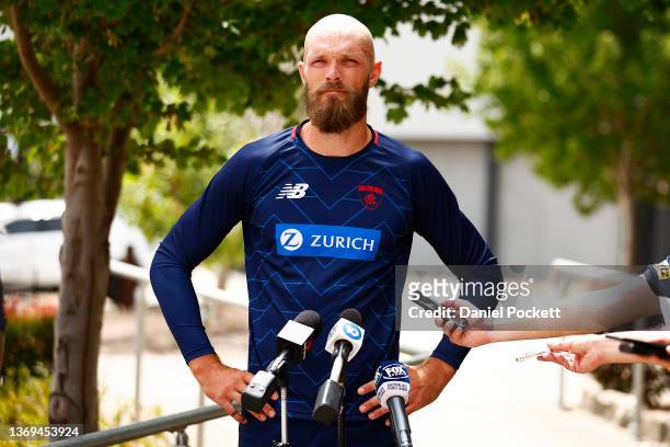 Max Gawn of the Demons speaks to the media during a Melbourne Demons AFL training session at Casey Fields on February 09, 2022 in Melbourne,...