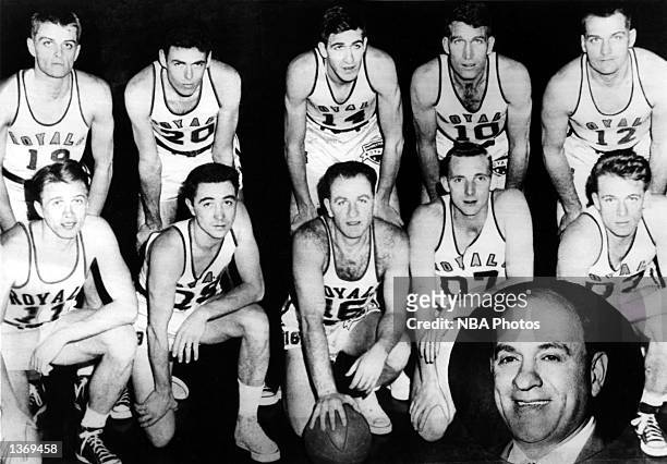 The World Champions of basketball, the Rochester Royals pose for a team portrait in 1951 front row : Bob Davies, Bob Wanzer, William Holtzman, Paul...