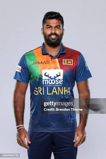 Lahiru Kumara of Sri Lanka poses during the Sri Lanka Men's T20 team headshots session at Novotel Sydney Olympic Park on February 09, 2022 in Sydney,...