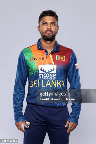 Dinesh Chandimal of Sri Lanka poses during the Sri Lanka Men's T20 team headshots session at Novotel Sydney Olympic Park on February 09, 2022 in...