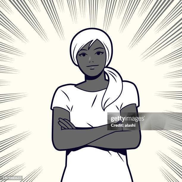 young beautiful woman with pigtails, crossed arms, wearing casual clothes, looking at the camera, comics effects lines background - design plat stock illustrations