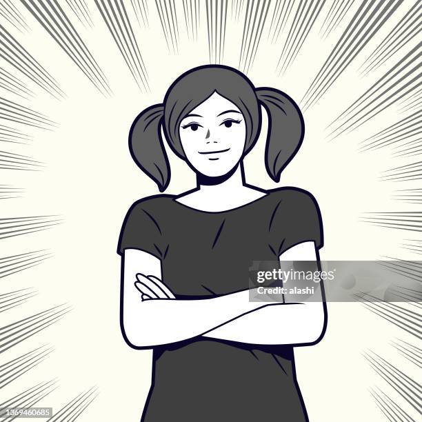 young beautiful woman with pigtails, crossed arms, wearing casual clothes, looking at the camera, comics effects lines background - three quarter length stock illustrations