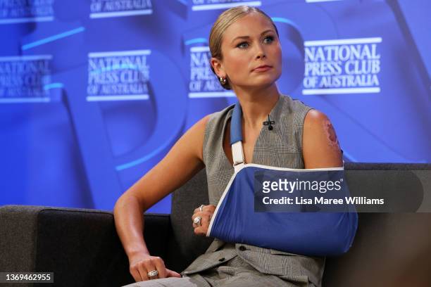 Grace Tame addresses the media at the National Press Club on February 09, 2022 in Canberra, Australia. 2021 Australian of the year, Grace Tame and...