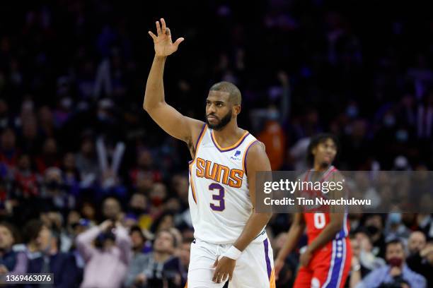 Chris Paul of the Phoenix Suns celebrates during the fourth quarter against the Philadelphia 76ers at Wells Fargo Center on February 08, 2022 in...