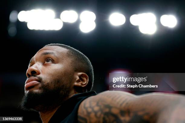 Damian Lillard of the Portland Trail Blazers warms up before the game against the Orlando Magic at Moda Center on February 08, 2022 in Portland,...